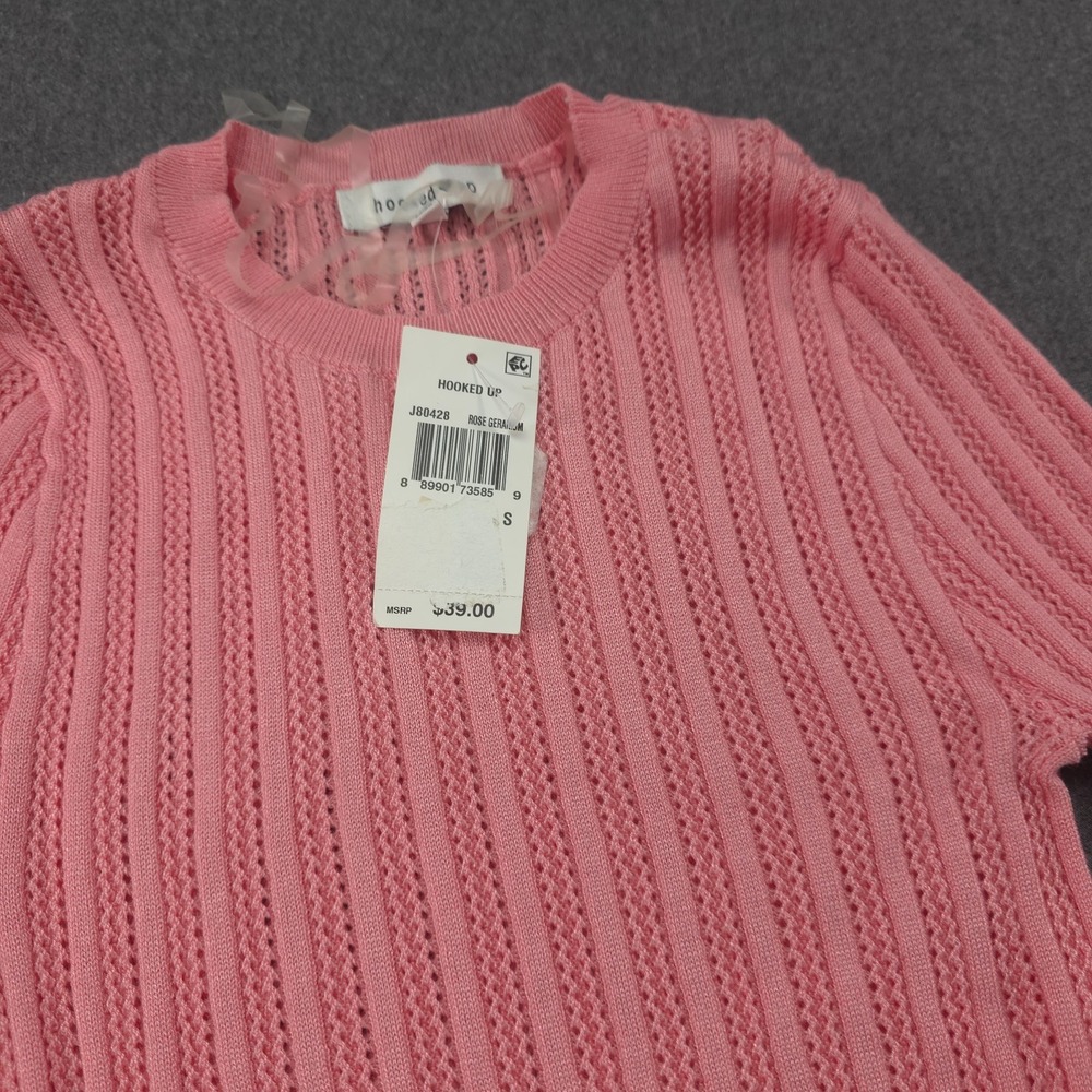 Hooked Up By Iot‎ Juniors' Pointelle Sweater Rose Geranium Pink Size Small - Picture 3 of 5